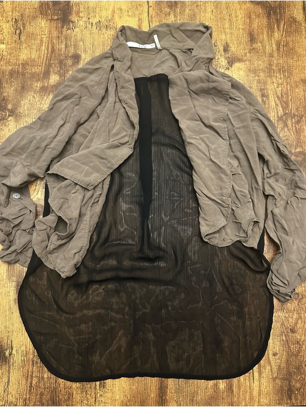 Hae Brown Draped Open-Front Jacket with Black Sheer Back #291